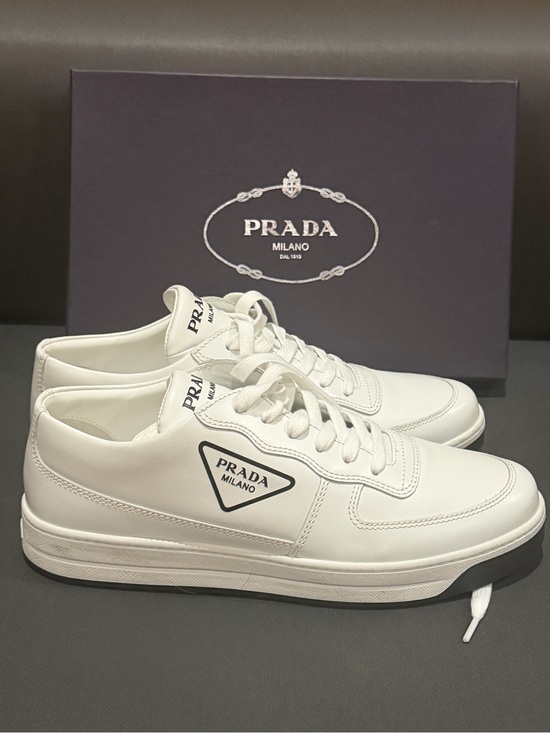 Prada Shoes - Prada White Leather Low-Top Sneakers with Logo Patch womens sneakers